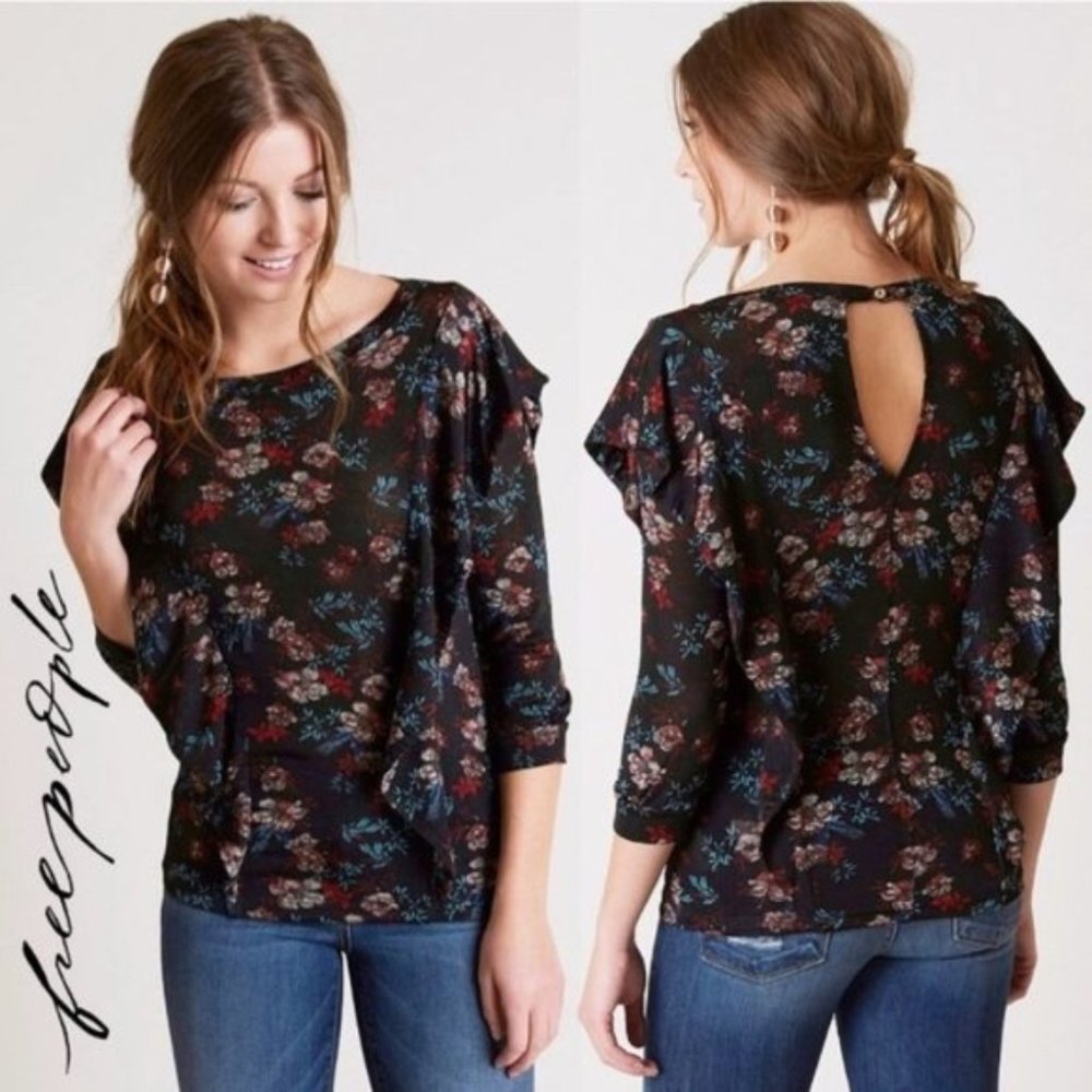 Free People Dock Street Ruffle Top Black Floral L